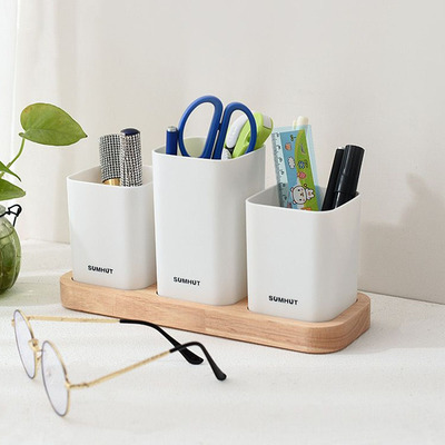 Organizador Multiuso de 3 Vasos con Base de Bambu