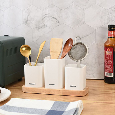 Organizador Multiuso de 3 Vasos con Base de Bambu