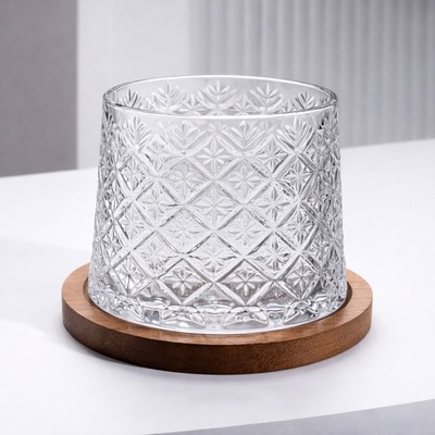 Vaso de Cristal Giratorio 360º para Whisky con Base de Madera Transparent Ic