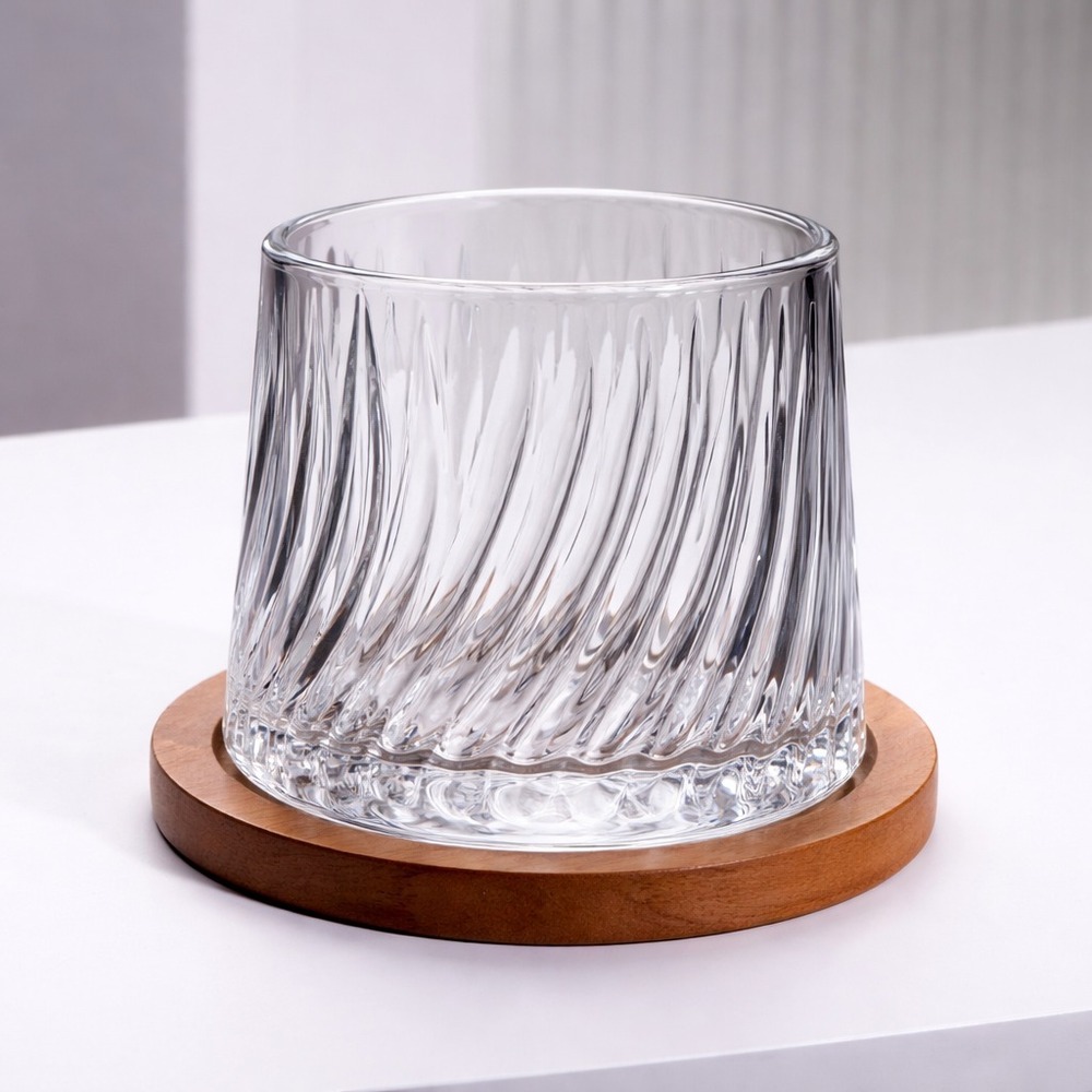 Vaso de Cristal Giratorio 360º para Whisky con Base de Madera Transparent Gl