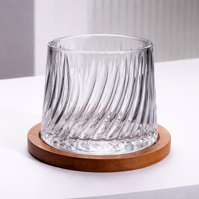 Vaso de Cristal Giratorio 360º para Whisky con Base de Madera Transparent Gl