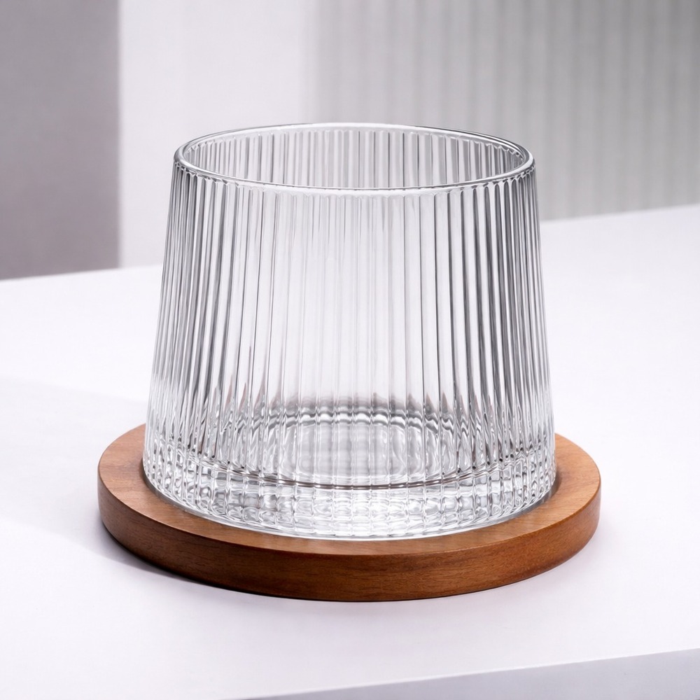 Vaso de Cristal Giratorio 360º para Whisky con Base de Madera Transparent St