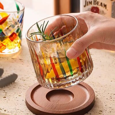 Vaso de Cristal Giratorio 360º para Whisky con Base de Madera Colorful Glaci