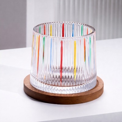 Vaso de Cristal Giratorio 360º para Whisky con Base de Madera Colorful Strip