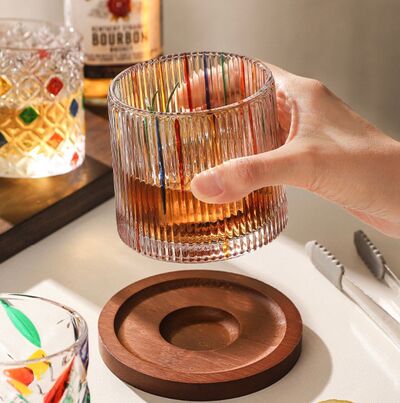 Vaso de Cristal Giratorio 360º para Whisky con Base de Madera Colorful Strip
