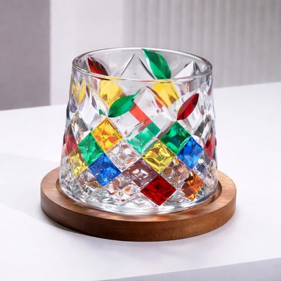 aso de Cristal Giratorio 360º para Whisky con Base de Madera Colorful Diamon