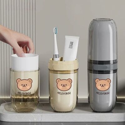 Triple Vaso Portacepillo de Viaje Helidfanda Marrón