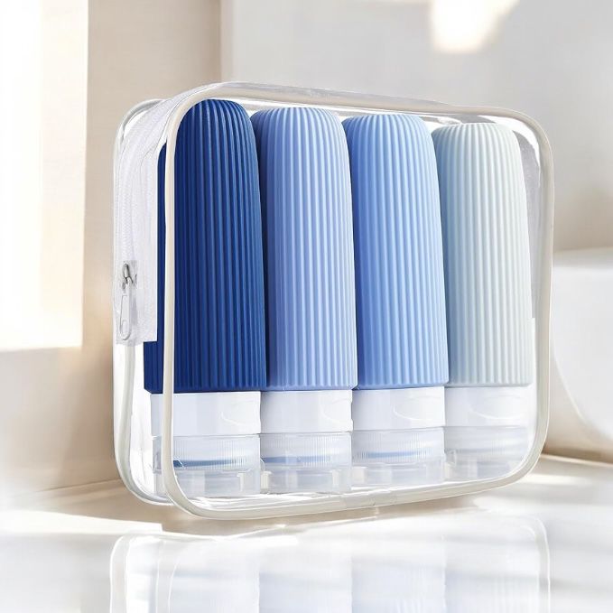 Set x 4 Botellas Siliconadas de Viaje Liso Celeste