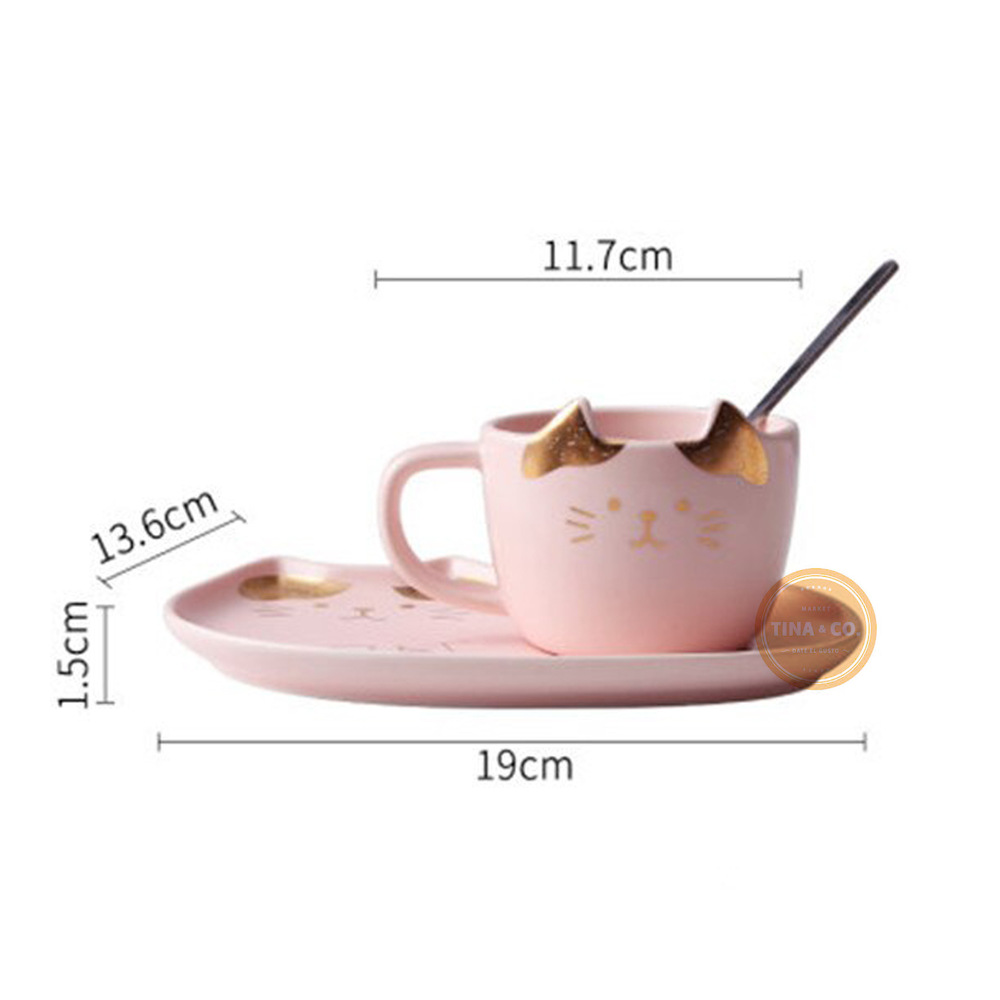 Juego De Taza + Plato Cerámica & Cuchara Gatito Rosa Dorado B