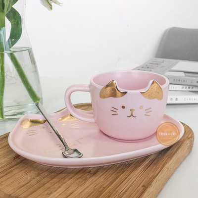 Juego De Taza + Plato Cerámica & Cuchara Gatito Rosa Dorado B