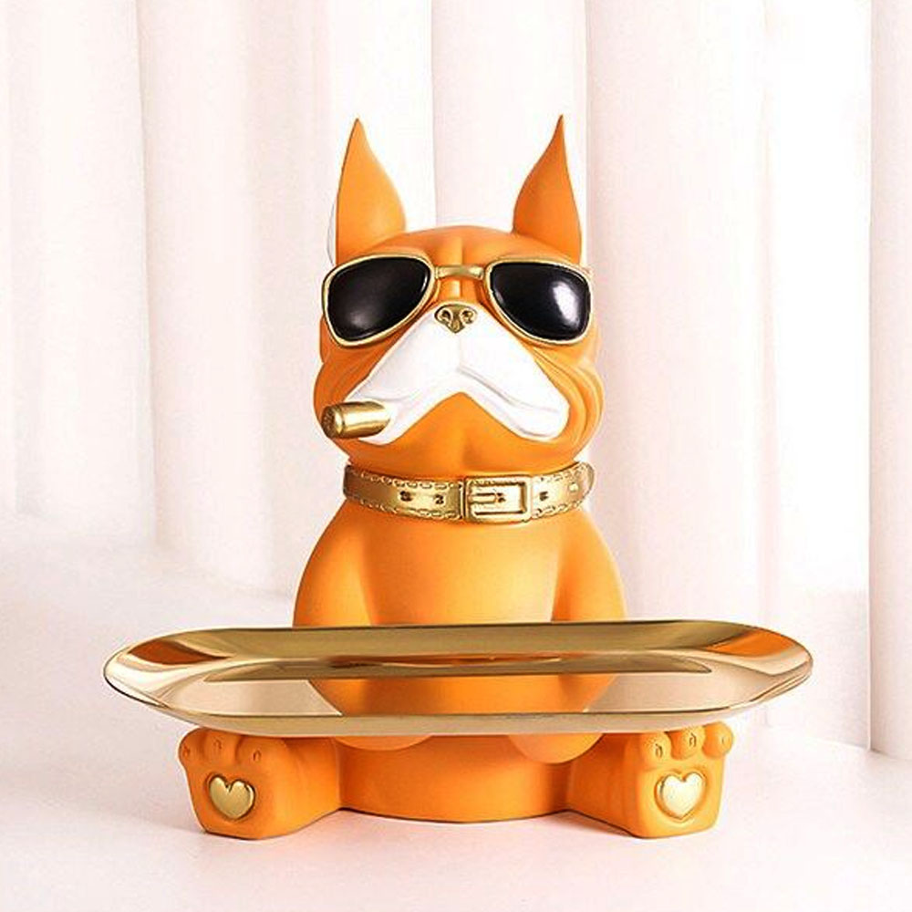 Mr. Bulldog de Resina Azul Decorativo Sentado Naranja - Bandeja