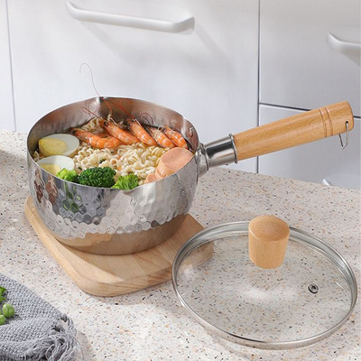 Olla de Acero Inoxidable 430SUS con Mango de Madera Vintage + Tapa de Vidrio