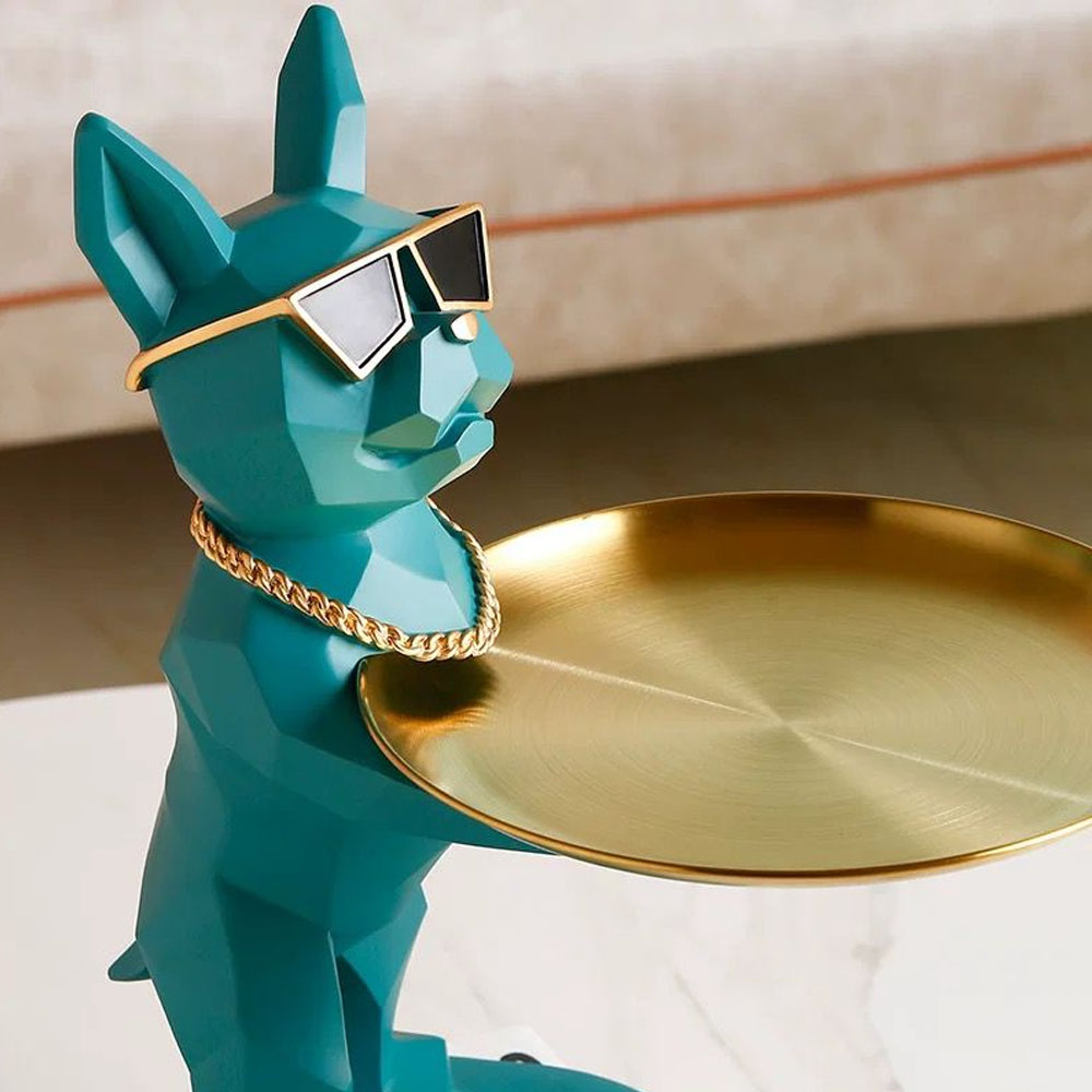 Mr. Dog Muscles Glasses Turquesa de Resina Decorativo - De Pie Bandeja