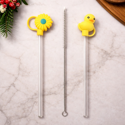 Set de Sorbetes de Vidrio + Limpiador con Tapas de Silicona Pato x3 pzas