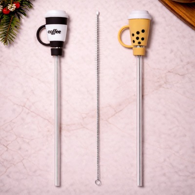 Set de Sorbetes de Vidrio + Limpiador con Tapas de Silicona Café y Bubble Te