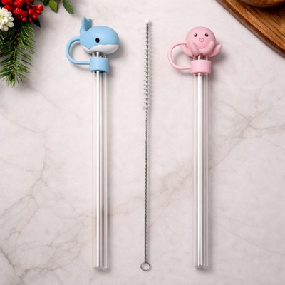 Set de Sorbetes de Vidrio + Limpiador con Tapas de Silicona Ballena y Pulpo 