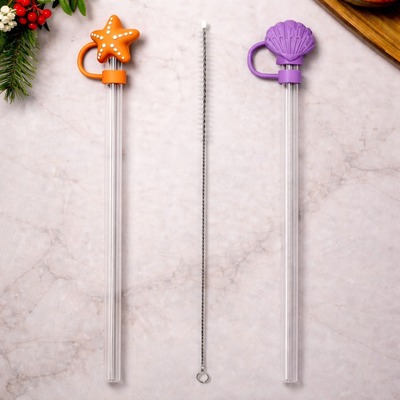 Set de Sorbetes de Vidrio + Limpiador con Tapas de Silicona Estrella x3 pzas