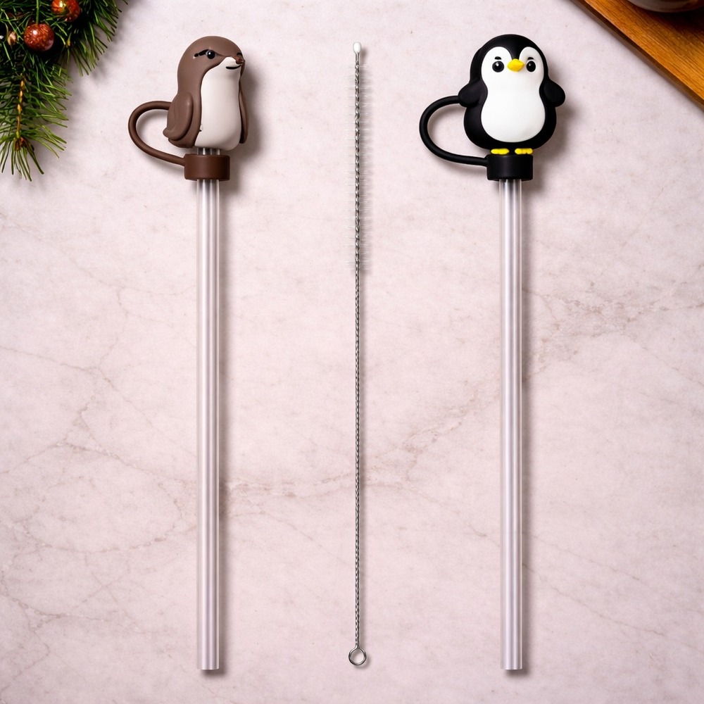 Set de Sorbetes de Vidrio + Limpiador con Tapas de Silicona Pinguino y Foca 