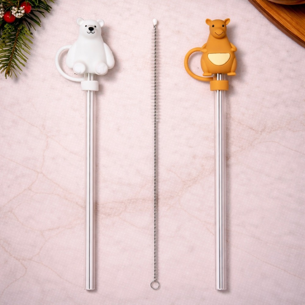 Set de Sorbetes de Vidrio + Limpiador con Tapas de Silicona Oso Polar y Cang