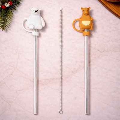 Set de Sorbetes de Vidrio + Limpiador con Tapas de Silicona Oso Polar y Cang