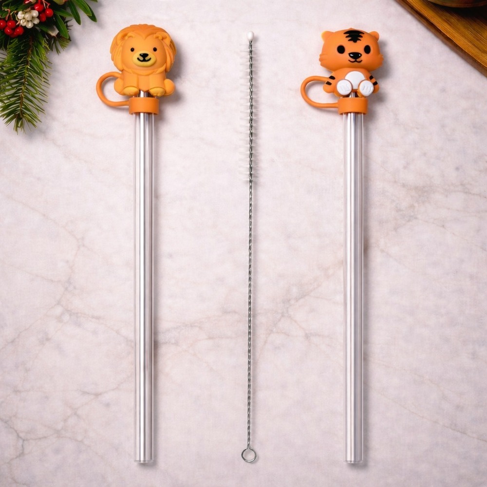 Set de Sorbetes de Vidrio + Limpiador con Tapas de Silicona Tigre y León x3 