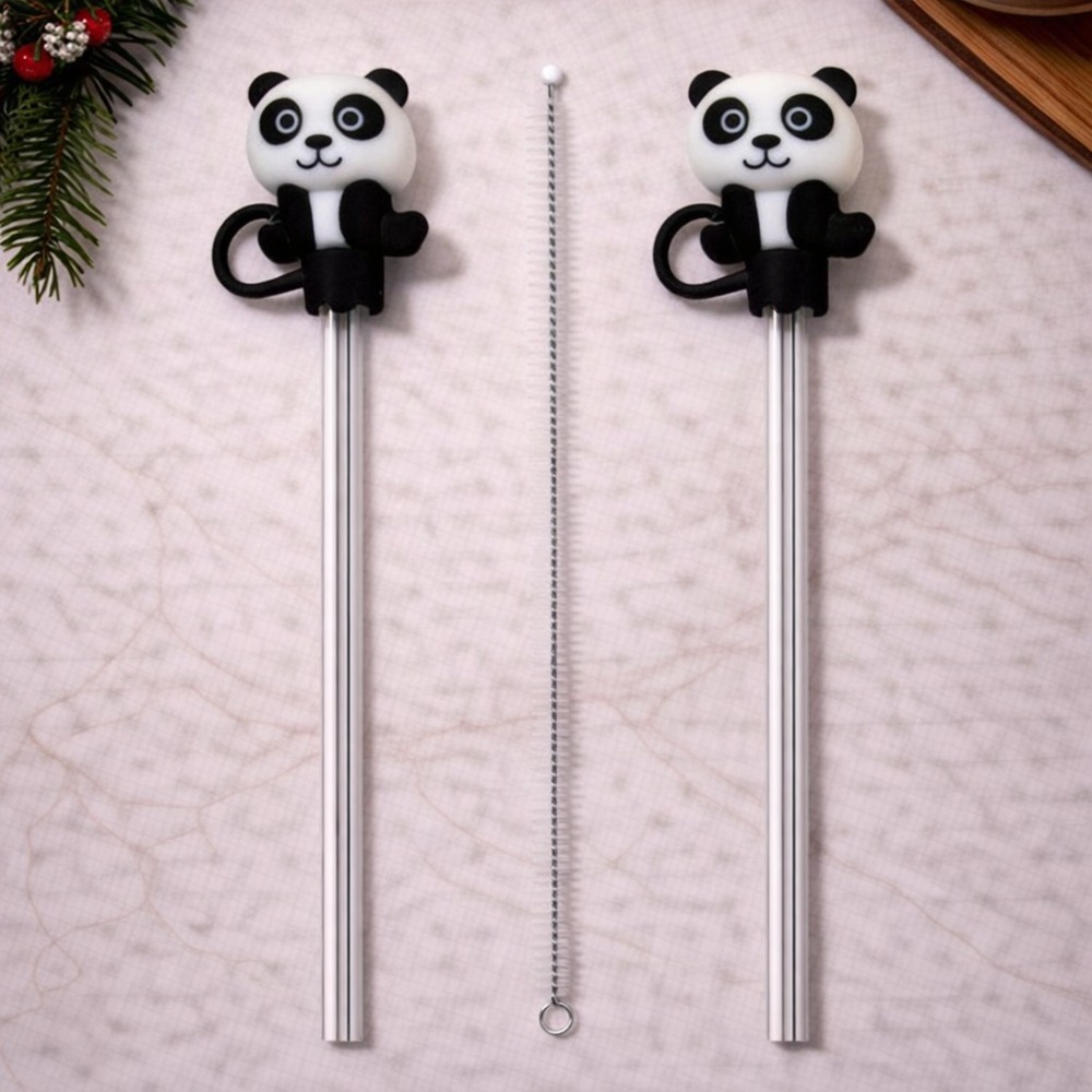 Set de Sorbetes de Vidrio + Limpiador con Tapas de Silicona Panda x3 pzas