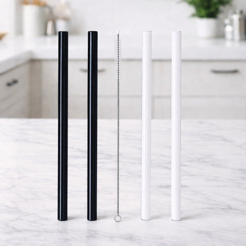 Set de Sorbetes de Vidrio + Limpiador Blanco Y Negro  x5pzas