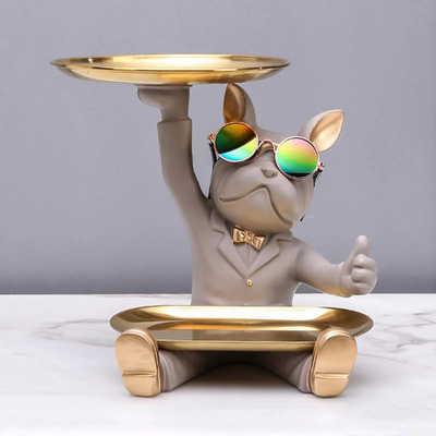 Mr. Bulldog Decorativo Sentado Beige + Lentes de Regalo - Doble Bandeja