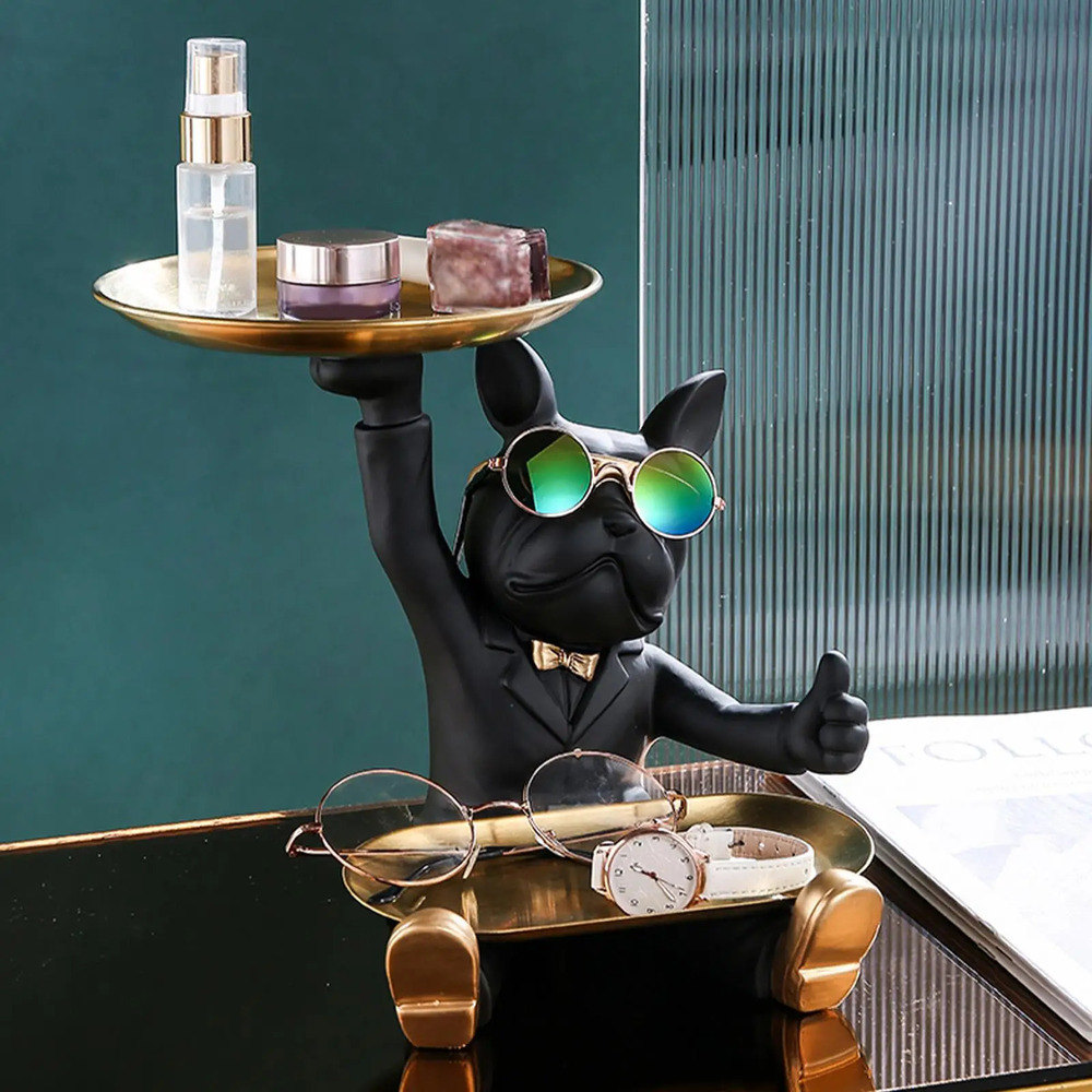 Mr. Bulldog Decorativo Sentado Black + Lentes de Regalo - Doble Bandeja