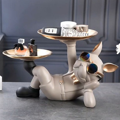 Mr. Bulldog Beige de Resina Decorativo Doble Bandeja