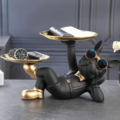 Mr. Bulldog Black de Resina Decorativo Doble Bandeja + Lentes de Regalo