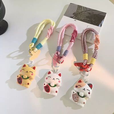 Doble Correa con Adaptador para Celular Gato de fortuna Blanco