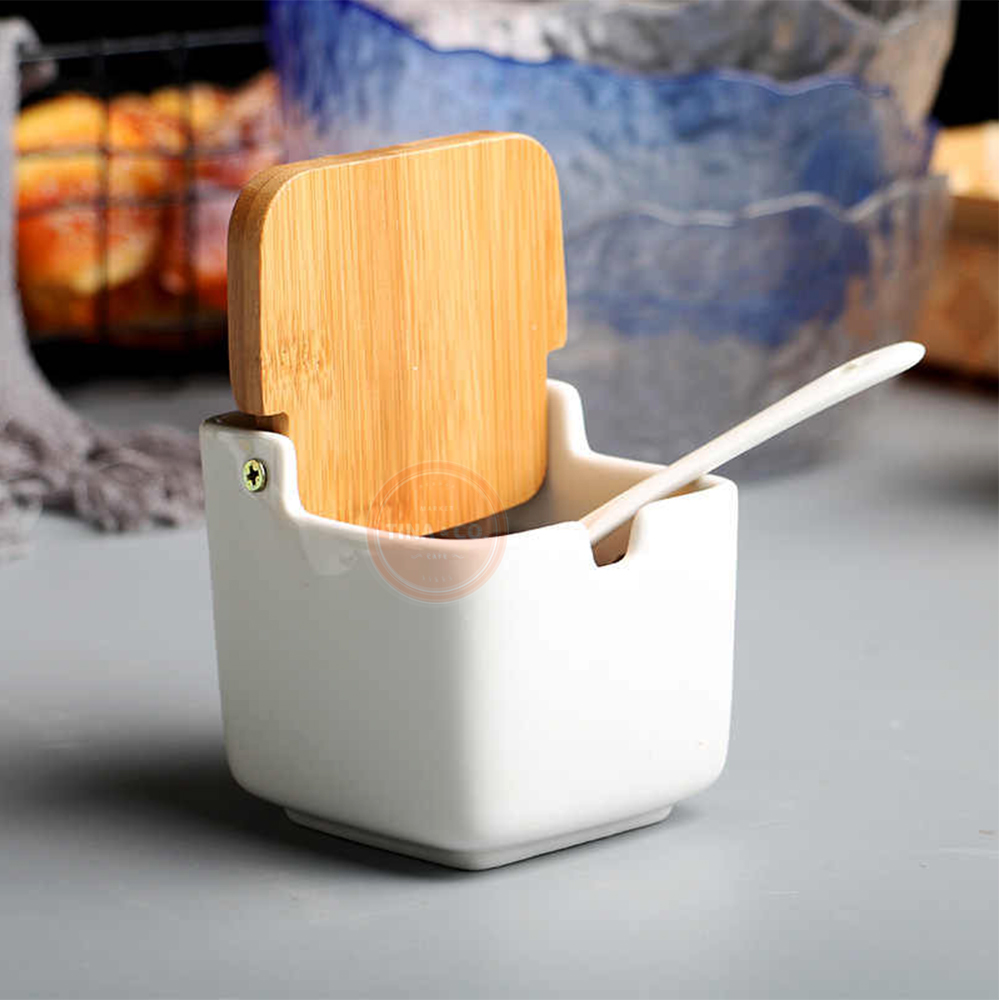 qiuqiu Azúcaros de cerámica con tapas de bambú y cucharas, salero azucarero  – Muti-funcional redondo condimento tarro para el hogar, suministros de