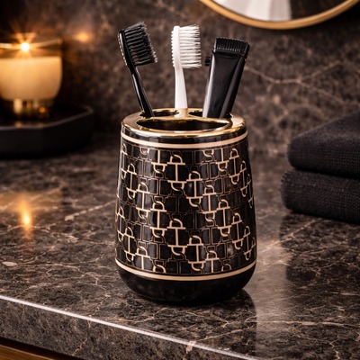 Vaso Porta Cepillos con Divisiones Cerámica Línea Black Chain