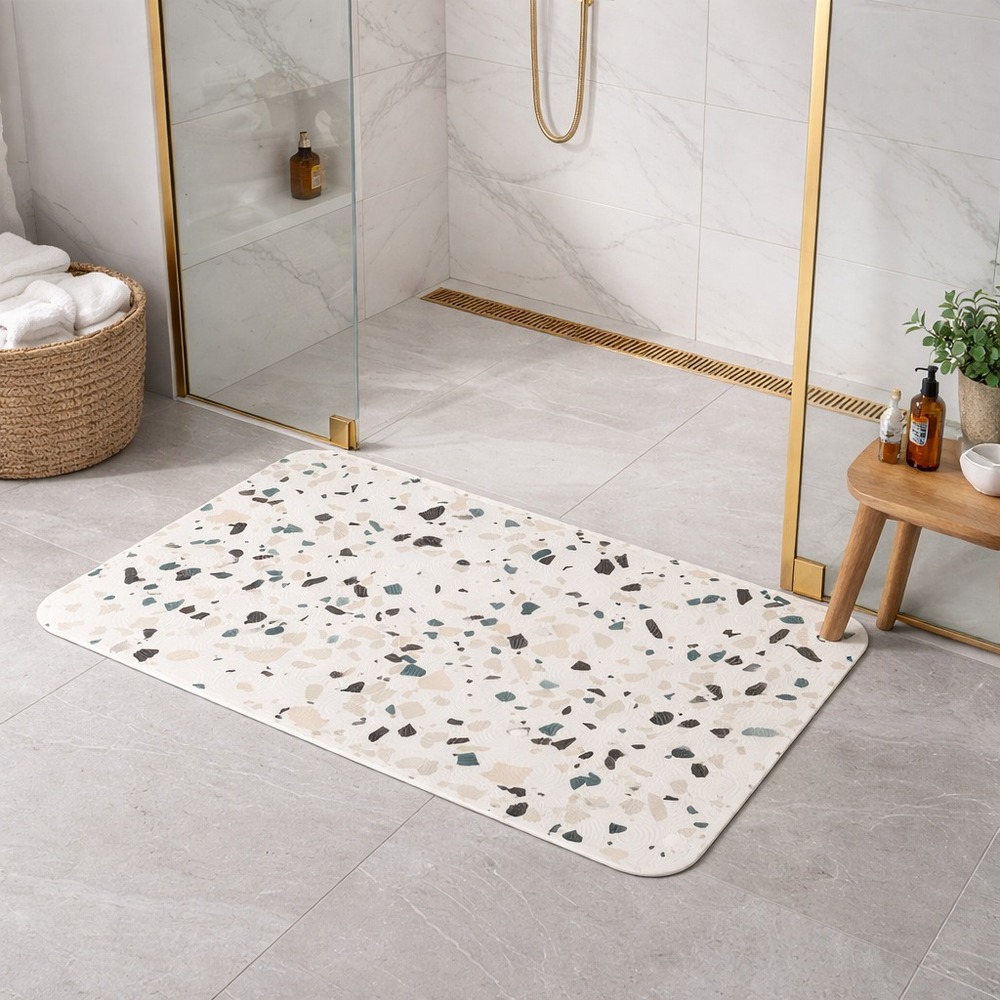Alfombra Rectangular de Goma para Baño Línea Piedras Terrazo