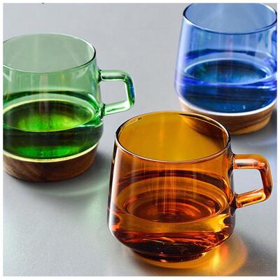 Taza de Vidrio de Color con Portavaso de Madera Naranja