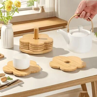 Posa Vaso de Madera x 4 con Soporte Diseño Flor de Ciruela 15*15 cm