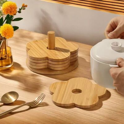 Posa Vaso de Madera x 4 con Soporte Diseño Flor de Ciruela - 12*12 cm