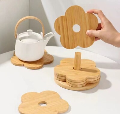 Posa Vaso de Madera x 4 con Soporte Diseño Flor de Ciruela - 12*12 cm