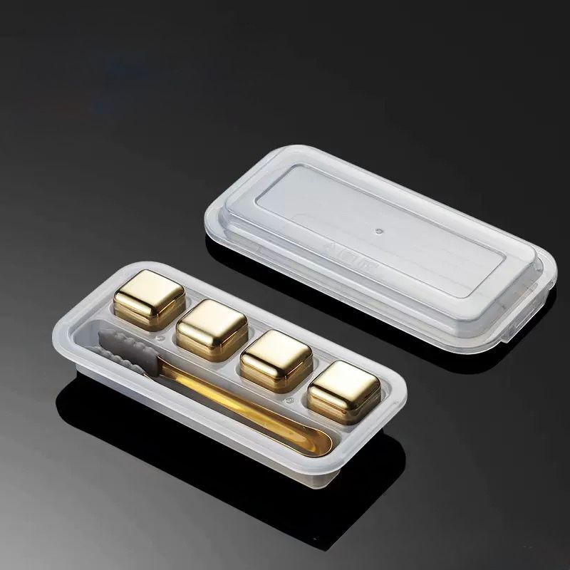 Cubos de Hielo Dorados Reutilizables de Acero Inoxidable + Pinza - 4 cubos