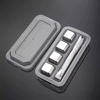 Cubos de Hielo Plateado Reutilizables de Acero Inoxidable + Pinza - 4 cubos