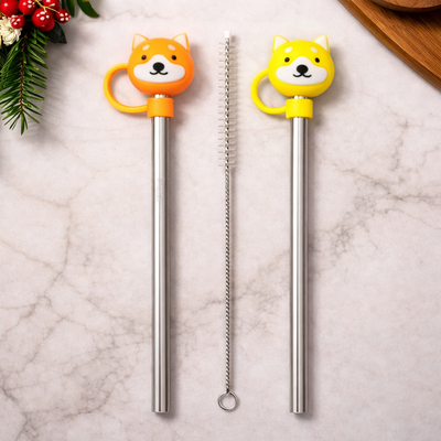 Set de Sorbetes de Acero + Limpiador con Tapas de Silicona Perrito x3 pzas