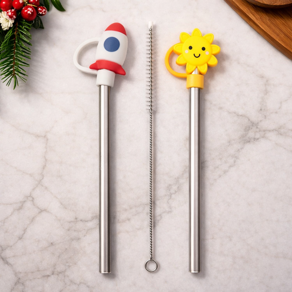 Set de Sorbetes de Acero + Limpiador con Tapas de Silicona Cohete x3 pzas