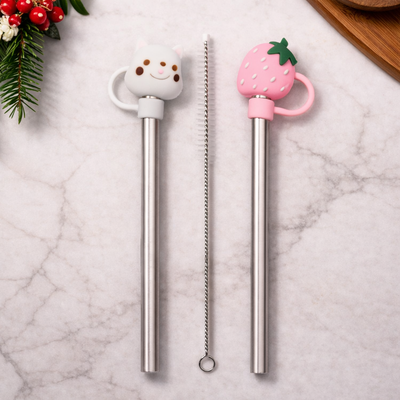 Set de Sorbetes de Acero + Limpiador con Tapas de Silicona Frutilla x3 pzas