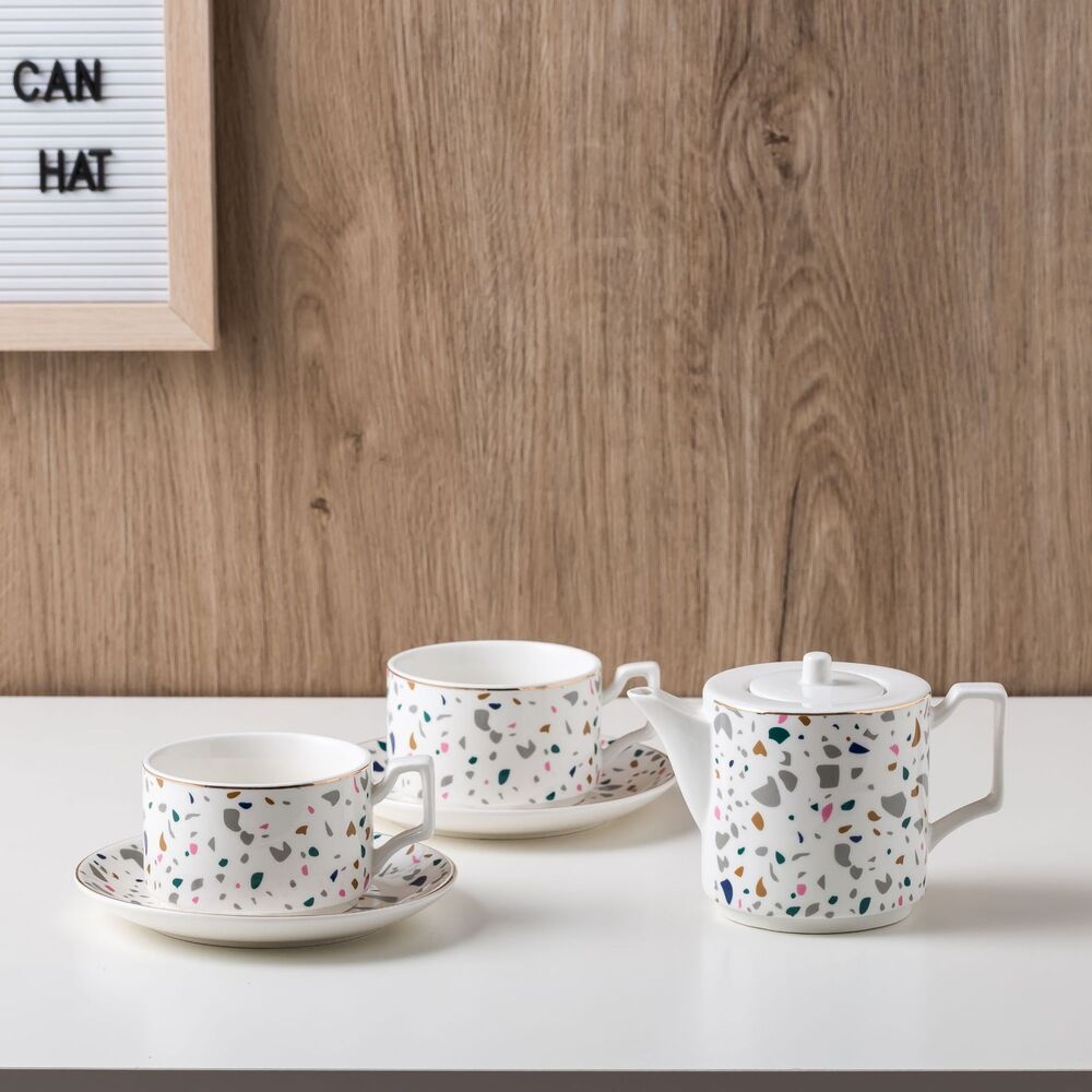 Set de Tetera con 2 Juegos de Tazas con Plato Diseño Piedras Terrazo Gris