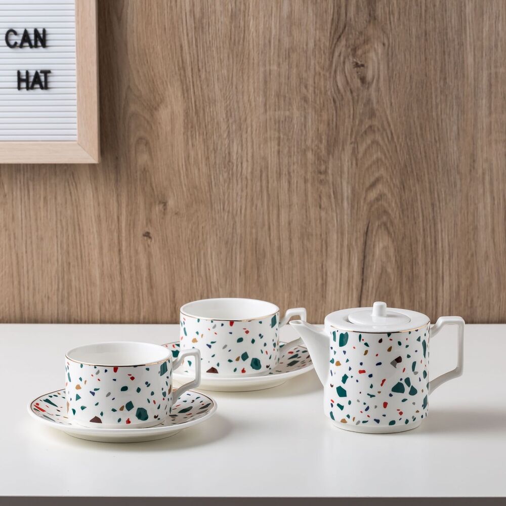 Set de Tetera con 2 Juegos de Tazas con Plato Diseño Piedras Terrazo Verde