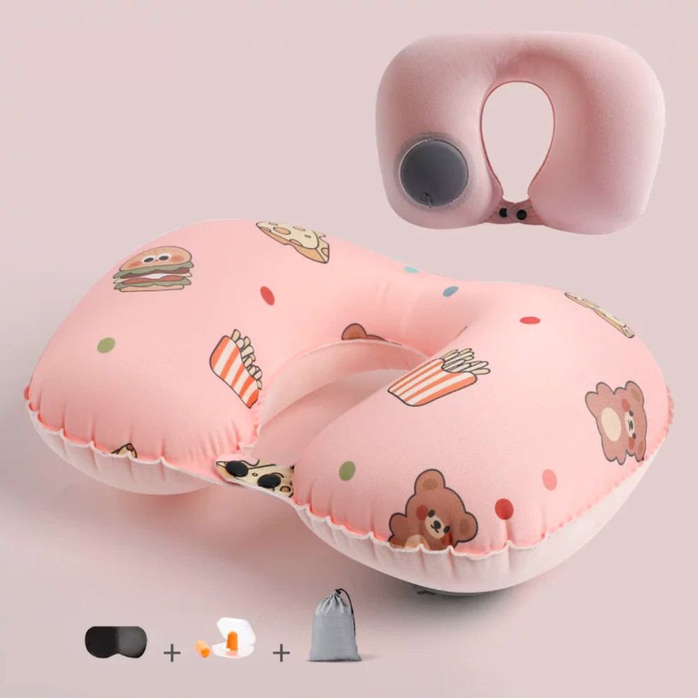 Almohada de Viaje Inflable con Antifaz + Tapones de Oido