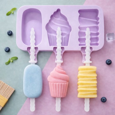 Molde Para Helado de Silicona x 3 Paletas Forma Helados +6 Palitos Plastico
