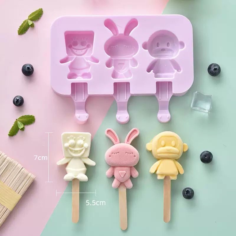 Molde Para Helado de Silicona x 3 Paletas Forma Mono+ 50 Palitos