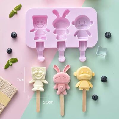 Molde Para Helado de Silicona x 3 Paletas Forma Mono+ 50 Palitos